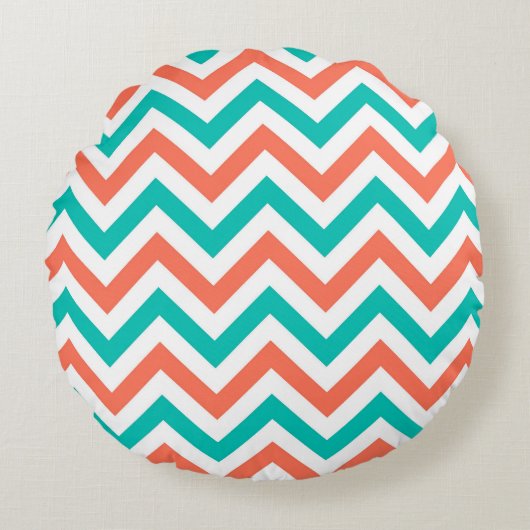 Koraal, Turkoois, Wit Groot Chevron ZigZag Patroon Rond Kussen (Voorkant)