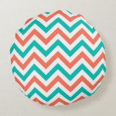 Koraal, Turkoois, Wit Groot Chevron ZigZag Patroon Rond Kussen (Achterkant)