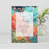 Koraal, Turquoise en Gouden Bloem Bruiloft Kaart (Staand voorkant)
