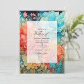 Koraal, Turquoise, en Gouden Bloemen Huwelijk Kaart (Staand voorkant)