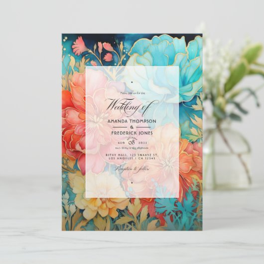Koraal, Turquoise, en Gouden Bloemen Huwelijk Kaart (Staand voorkant)
