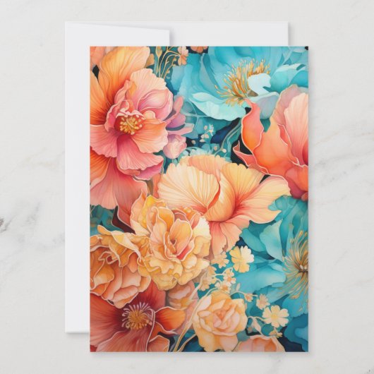 Koraal, Turquoise, en Gouden Bloemen Huwelijk Kaart (Achterkant)