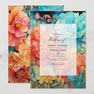 Koraal, Turquoise, en Gouden Bloemen Huwelijk Kaart