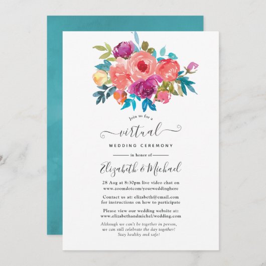 Koraal, Turquoise en Paarse Floral Virtual Wedding Kaart (Voorkant / Achterkant)