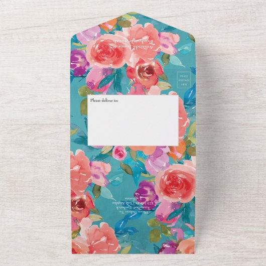 Koraal, Turquoise en Paarse Floral Wedding All In One Uitnodiging (Buitenkant)