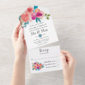 Koraal, Turquoise en Paarse Floral Wedding All In One Uitnodiging (Afscheurbaar)