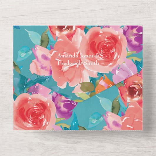 Koraal, Turquoise en Paarse Floral Wedding All In One Uitnodiging (Achterkant)