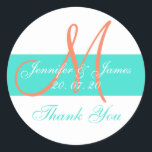 Koraal Turquoise Modern Wedding Dank u Stickers<br><div class="desc">Gebruik deze prachtige Turquoise en Coral Modern Wedding Thank You Stickers om uw huwelijksgunsten te labelen. Ontwerp door Elke Clarke© voor de Monogram Gallery. Dit ontwerp is eenvoudig, maar toch stijlvol modern huwelijksgunst stickers. MET DE MONOGRAM GALERIJ kunt u de namen, monogrammen en kleuren van de tekst aanpassen. Klik op...</div>