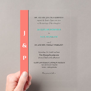 Koraal Turquoise Monogram Bruid en Bruidegom Clear Acryl Uitnodigingen