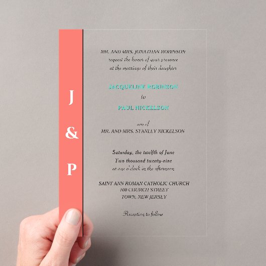 Koraal Turquoise Monogram Bruid en Bruidegom Clear Acryl Uitnodigingen (Insitu (Draagbaar))