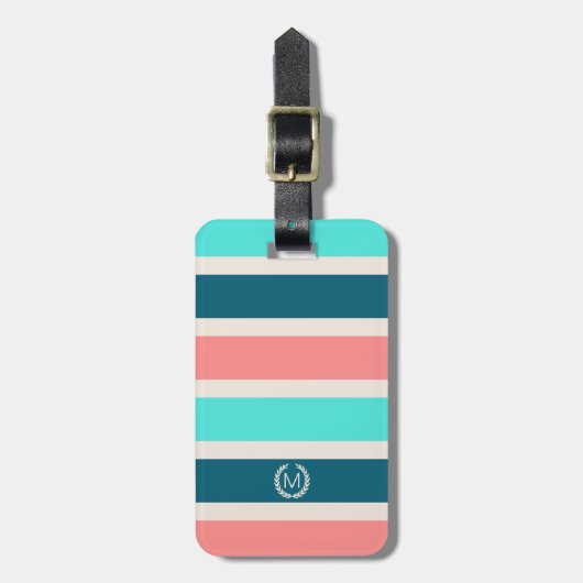 Koraal, Turquoise & Teal Streep Initiaal Monogram Bagagelabel (Voorkant verticaal)