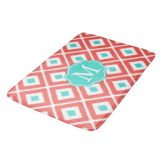 Koraal, Turquoise, White Ikat Diamond Pattern Badmat (Gekanteld)