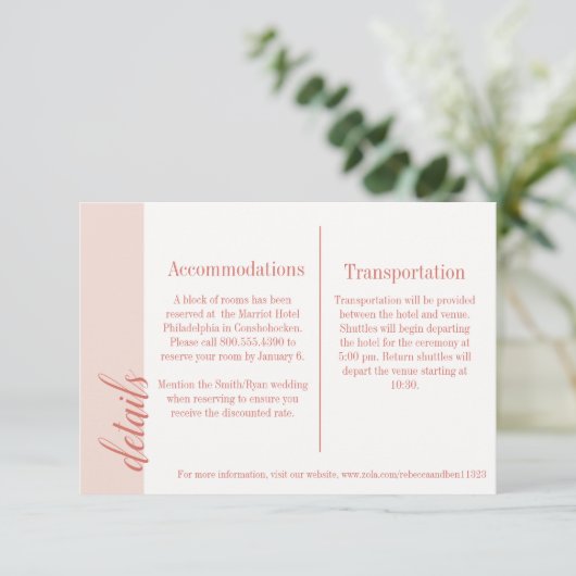 Koraal uitnodiging insert, Caroline bruiloft Informatiekaartje (Staand voorkant)