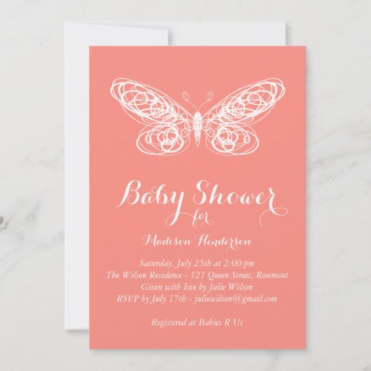 Koraal Vlinder Baby shower Invitation Kaart (Voorkant)