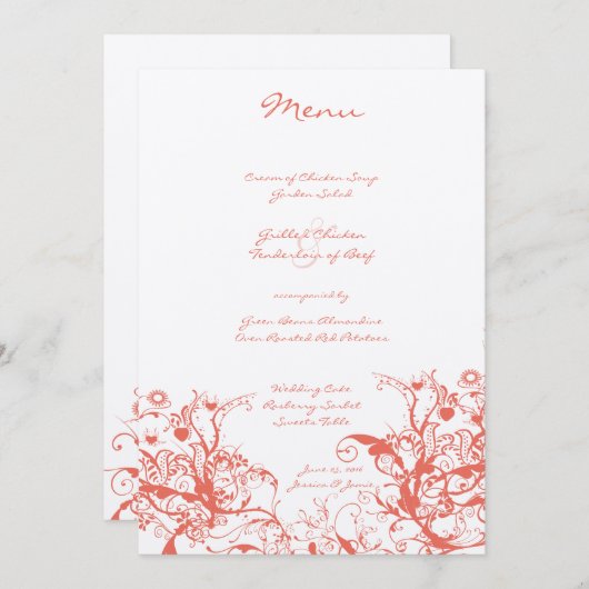 Koraal Vogels en Krullen Trouwmenu Menu (Voorkant / Achterkant)