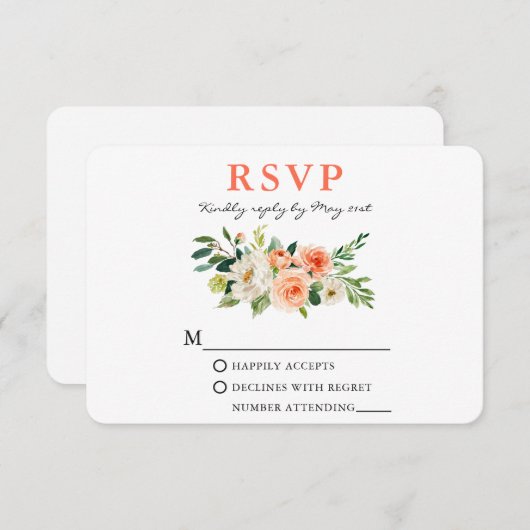 Koraal Waterverf Bloemen Elegant RSVP Kaartje (Voorkant / Achterkant)