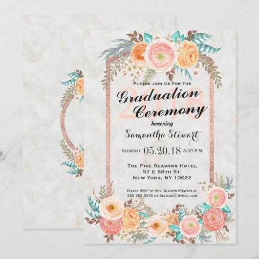 Koraal Waterverf Bloemen en Goud Afstuderen Kaart (Voorkant / Achterkant)