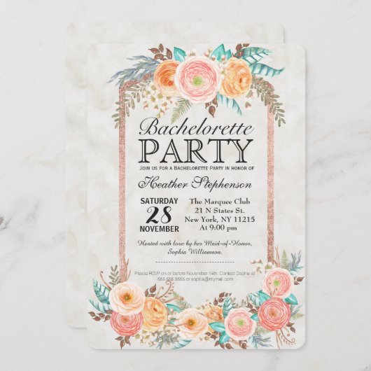 Koraal Waterverf Bloemen en Gouden Bachelorette Kaart (Voorkant / Achterkant)