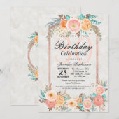Koraal Waterverf Bloemen en Gouden Verjaardagsfees Kaart (Voorkant / Achterkant)