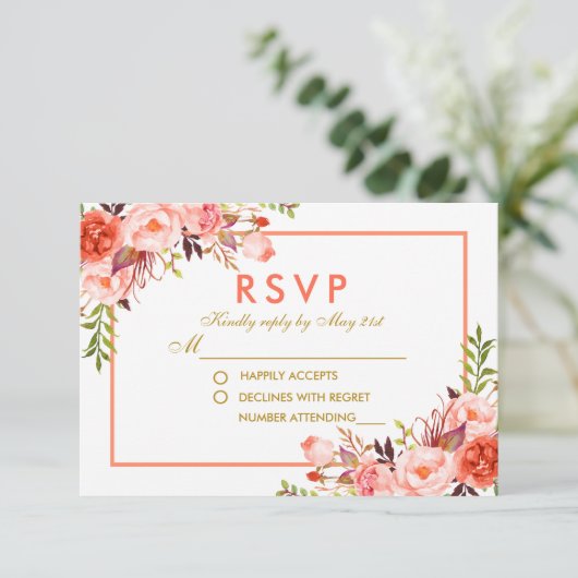 Koraal Waterverf Bloemen Goud RSVP Bruiloft (Staand voorkant)