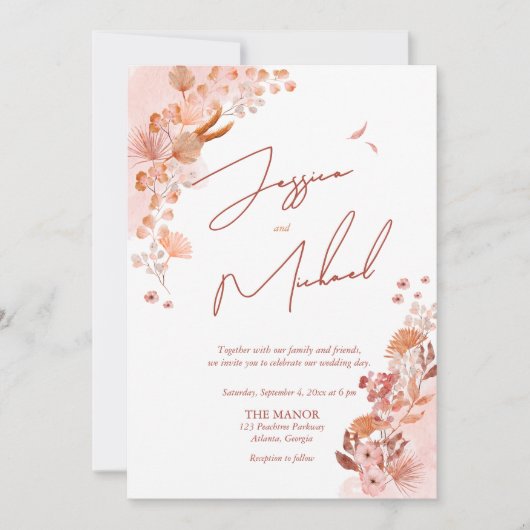 Koraal Waterverf Boho Elegant Script Wedding Kaart (Voorkant)