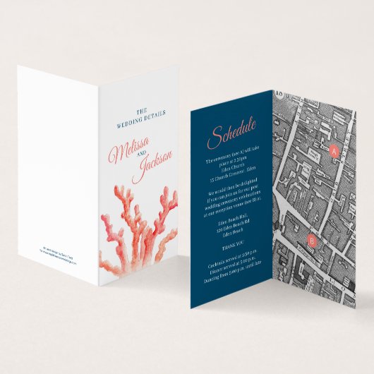 Koraal waterverf bruiloft kaart details blauw kora (Binnen en buitenkant)