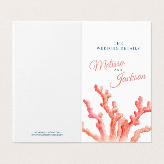 Koraal waterverf bruiloft kaart details blauw kora (Buitenkant ongevouwen)