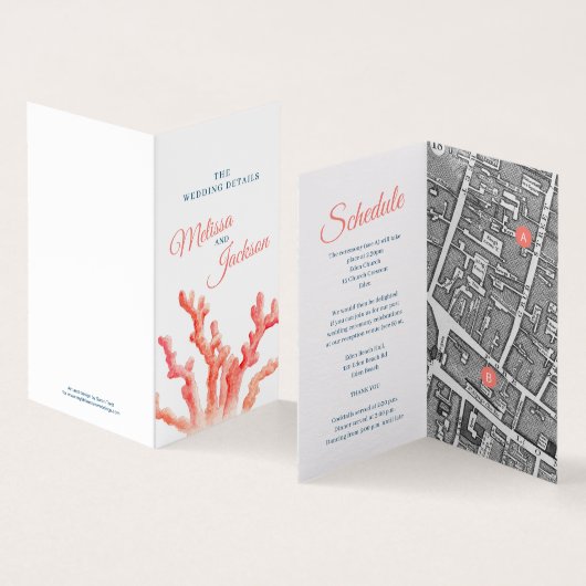 Koraal waterverf bruiloft kaart en details kaart (Binnen en buitenkant)