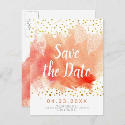 Koraal waterverf en verlaat bruiloft Opslaan Datum Aankondigingskaart (Voorkant / Achterkant)