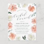 Koraal Waterverf Floral Bridal Brunch Shower Uitnodiging Briefkaart (Voorkant)