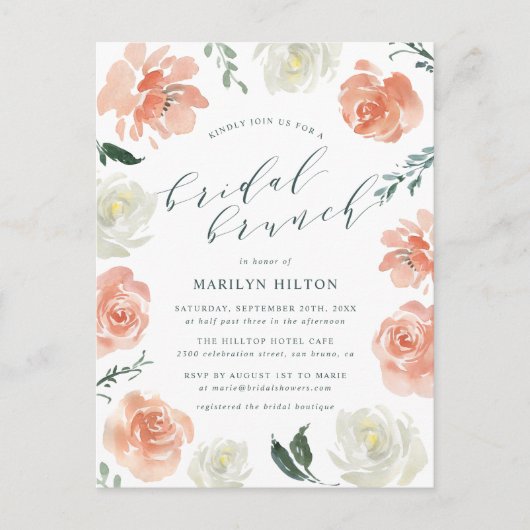 Koraal Waterverf Floral Bridal Brunch Shower Uitnodiging Briefkaart (Voorkant)