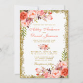 Koraal Waterverf Floral en Gold Glitter Wedding Kaart (Voorkant)