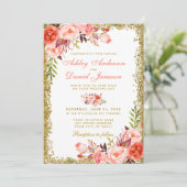 Koraal Waterverf Floral en Gold Glitter Wedding Kaart (Staand voorkant)