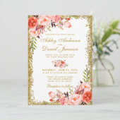 Koraal Waterverf Floral Wedding Gold Glitter Kaart (Staand voorkant)