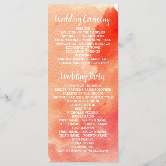 Koraal waterverf, gouden confetti bruiloft program programmakaart (Achterkant)