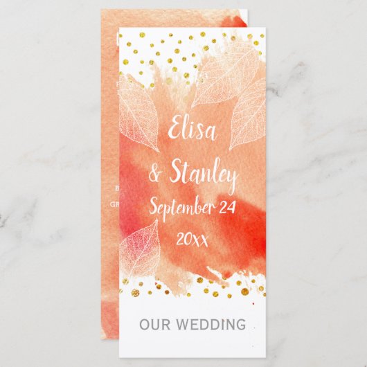 Koraal waterverf, gouden confetti bruiloft program programmakaart (Voorkant / Achterkant)