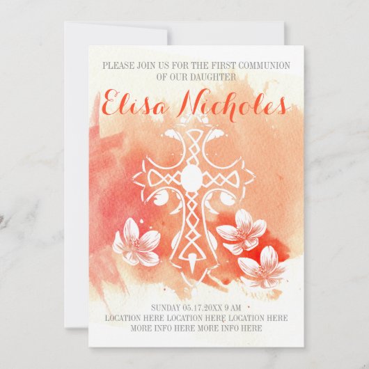 Koraal waterverf kruis bloemencommunie Eerste Heil Kaart (Voorkant)