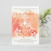 Koraal waterverf kruis bloemencommunie Eerste Heil Kaart (Staand voorkant)