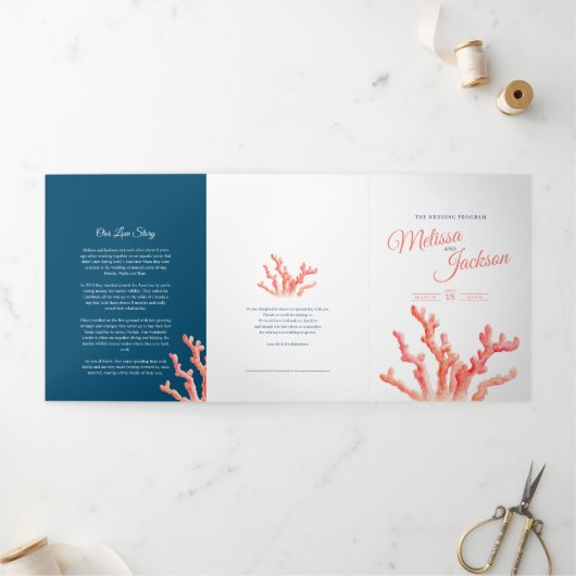 Koraal waterverf kunst marine bruiloft drieluik programma (Buitenkant)