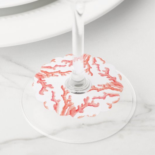 Koraal waterverf kunst oceaan bruiloft wijnglaslabel (Dichtbij)