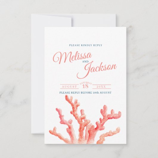 Koraal waterverf kunst sinaasappel blauw oceaan br RSVP kaartje (Voorkant)