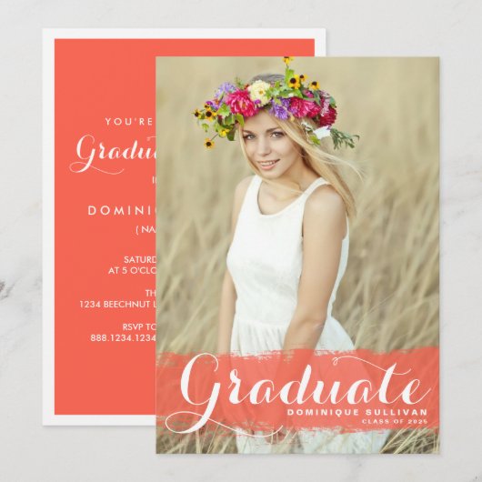 Koraal Waterverf Overlay Foto Afstuderen Kaart (Voorkant / Achterkant)