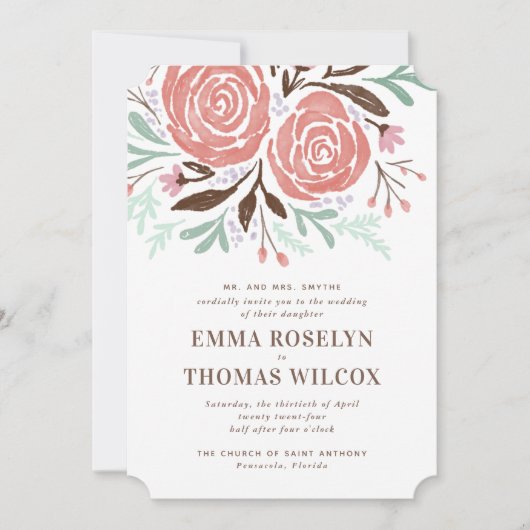 Koraal Waterverf Rozen bloemenbruiloft uitnodiging (Voorkant)