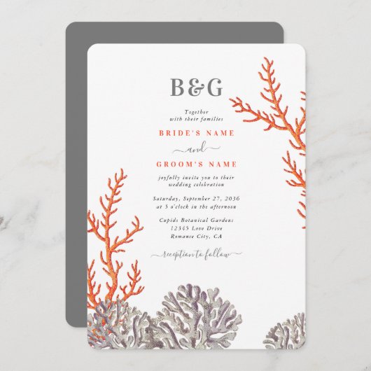 Koraal Waterverf Strand Modern Bruiloft Kaart (Voorkant / Achterkant)