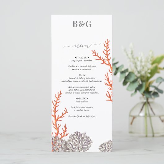 Koraal Waterverf Strand Modern Bruiloft Menu (Staand voorkant)
