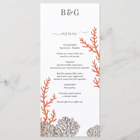 Koraal Waterverf Strand Modern Bruiloft Menu (Voorkant)