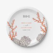 Koraal Waterverf Strand Modern Bruiloft Papieren Bordje (Voorkant)