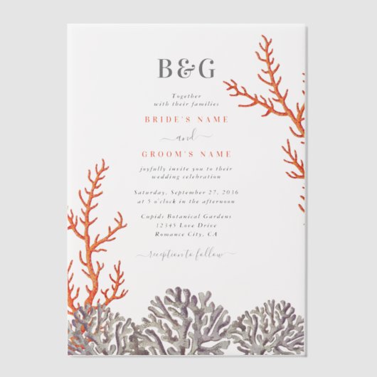 Koraal Waterverf Strand Modern Bruiloft Vellum Uitnodigingen (Voorkant)