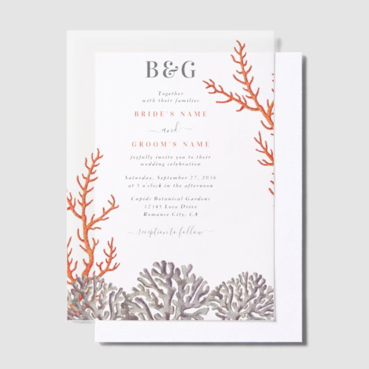 Koraal Waterverf Strand Modern Bruiloft Vellum Uitnodigingen (Offset)