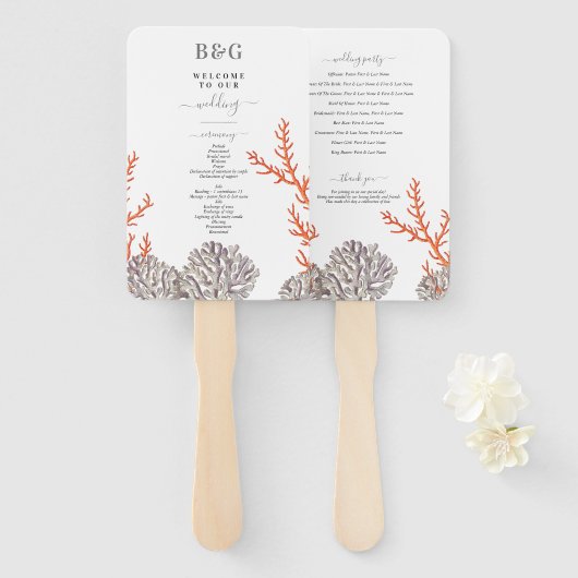 Koraal Waterverf Strand Modern Huwelijksprogramma Handwaaier (Voorkant en achterkant)